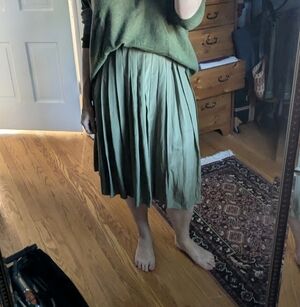 Pleated Silk Midi Skirt in Olive Green